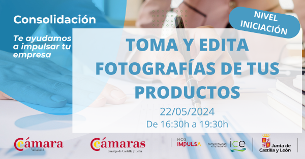 Cartel del curso de fotografía y edición de producto impartido por Carlos Mateo en la Cámara de Comercio de Valladolid en mayo de 2024.